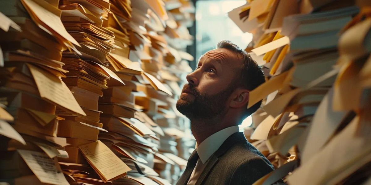 a property manager staring at a mountain of paperwork, overwhelmed by the complexity of financial management in property management.