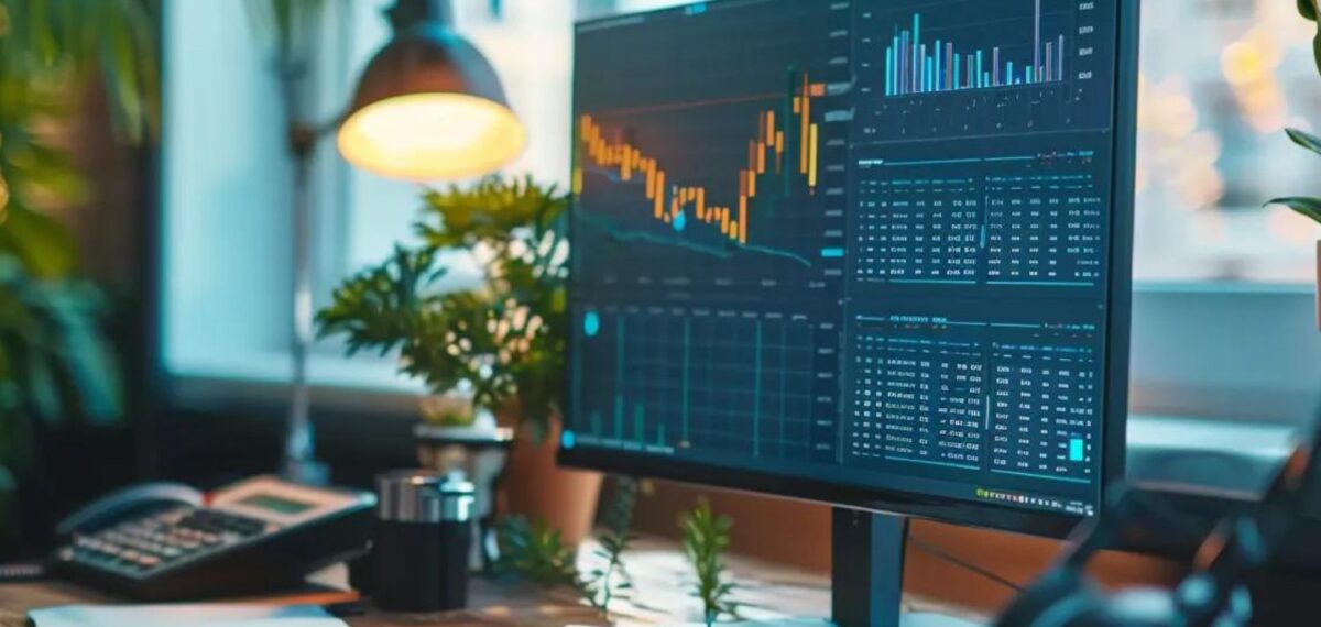 an office desk with a futuristic cloud-based software interface displaying real-time financial data and advanced ai analytics to streamline property management operations.