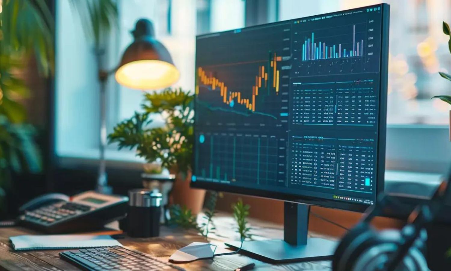 an office desk with a futuristic cloud-based software interface displaying real-time financial data and advanced ai analytics to streamline property management operations.