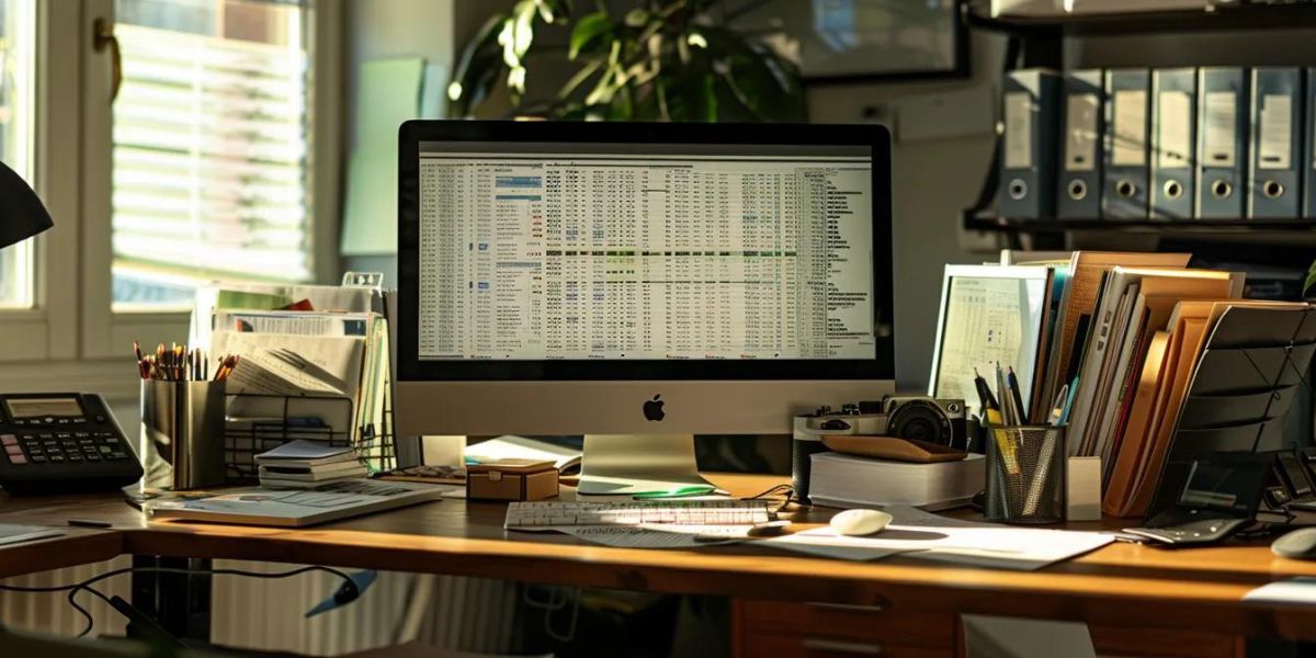 a busy office desk with a computer screen displaying advanced accounting software, surrounded by neatly organized files and financial documents.